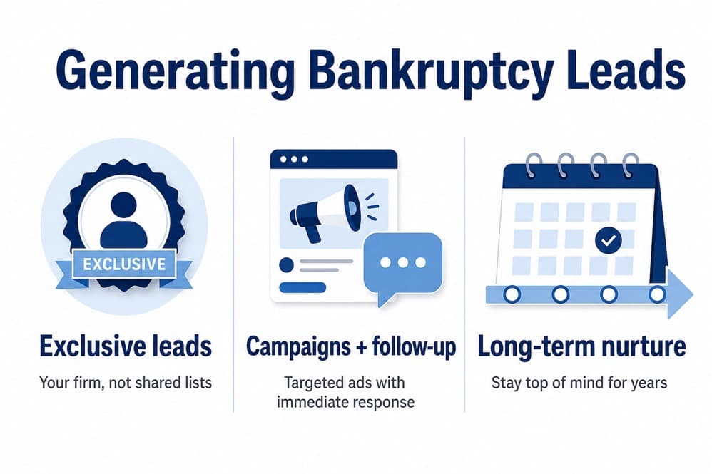 Infographic: exclusive bankruptcy leads, campaigns with follow-up, and long-term nurture