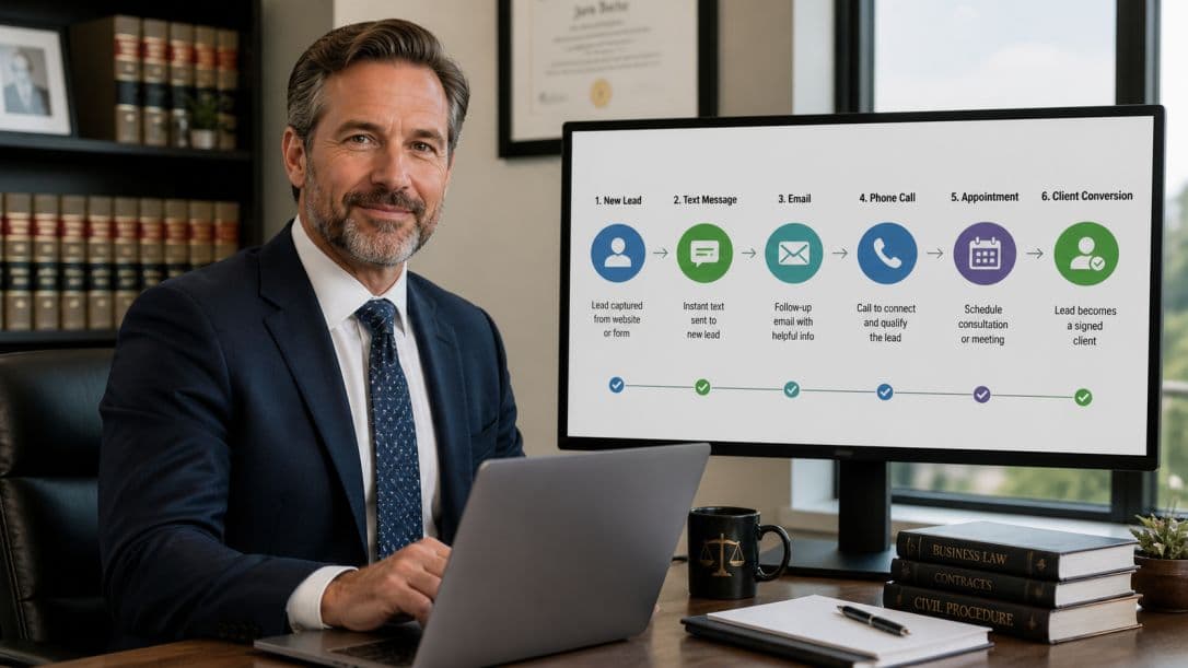 Bankruptcy attorney reviewing a lead follow-up workflow on a monitor in a law office