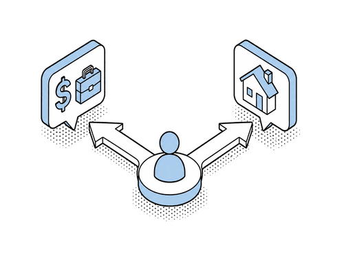 Isometric illustration of follow-up paths branching to wage garnishment and foreclosure education