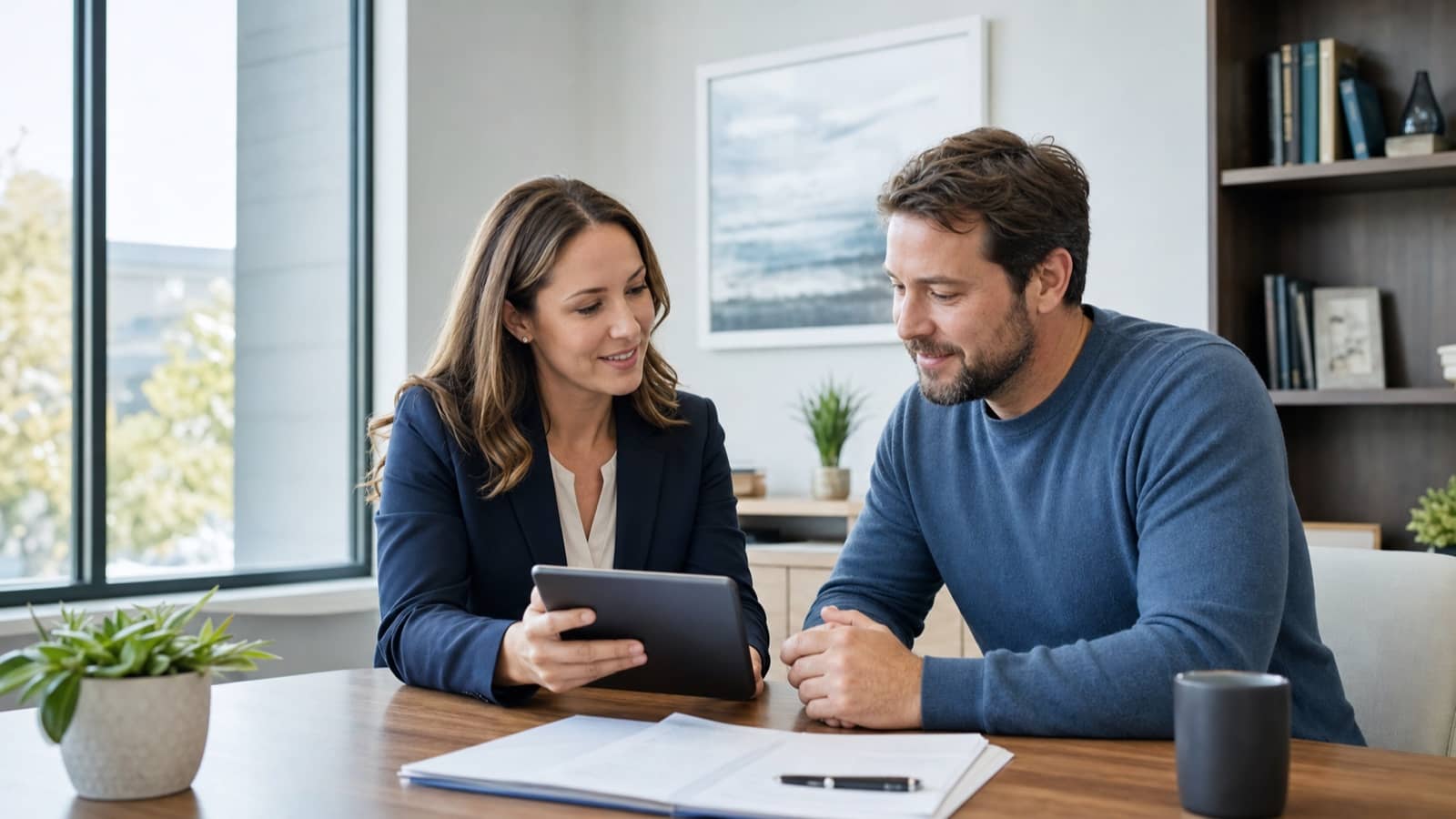 Bankruptcy client-care specialist meeting with a former client about post-filing financial recovery