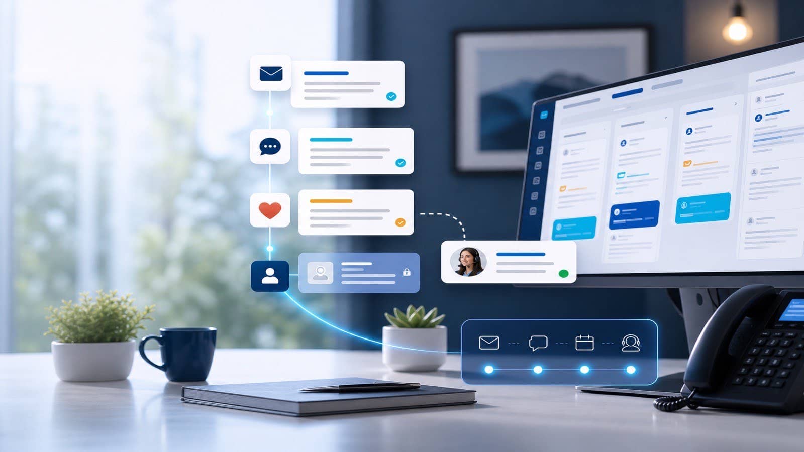 Lead follow-up automation timeline with bankruptcy email, text, calendar, and operator handoff signals