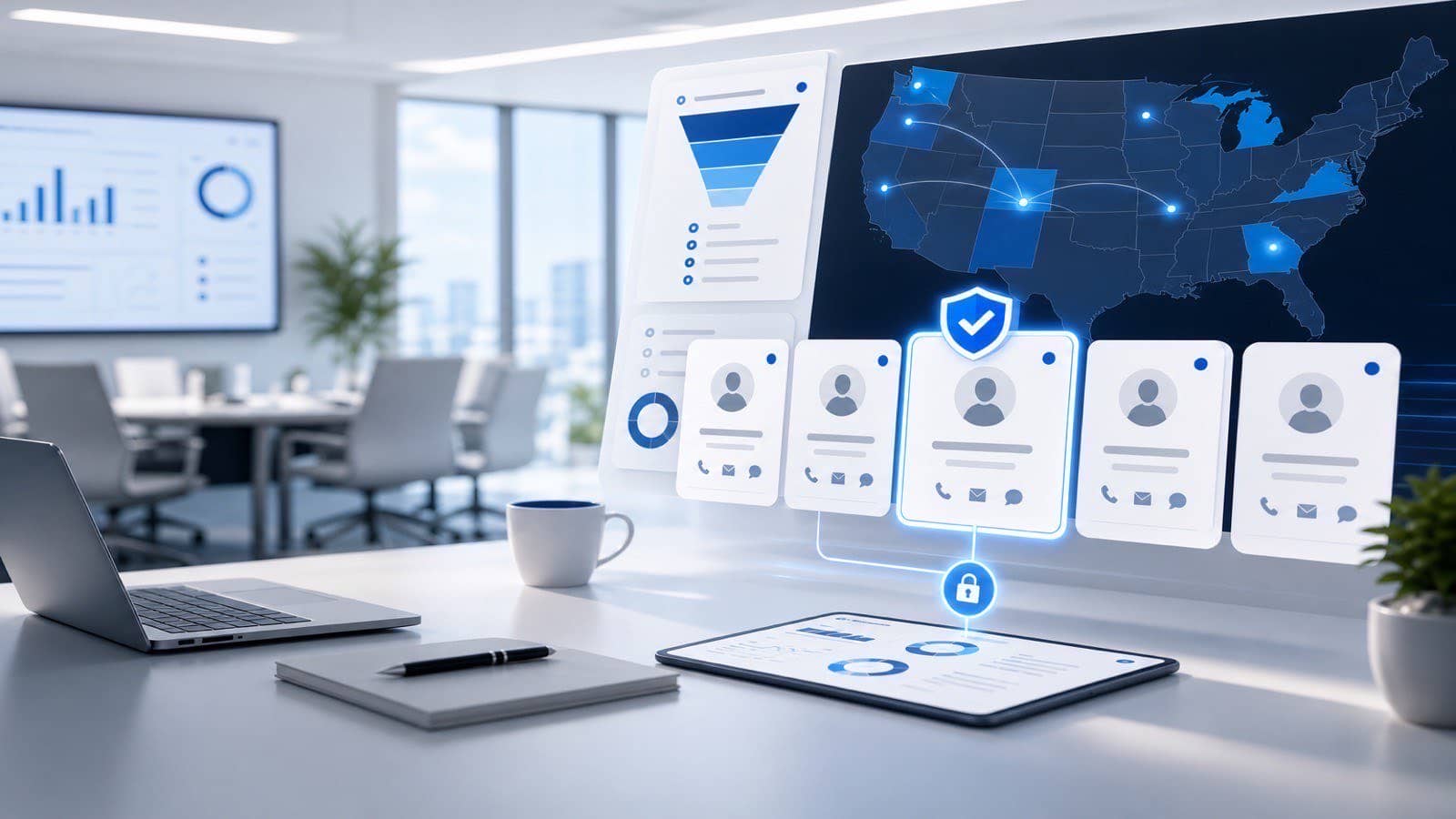 Exclusive bankruptcy lead-routing dashboard with market map and protected prospect cards