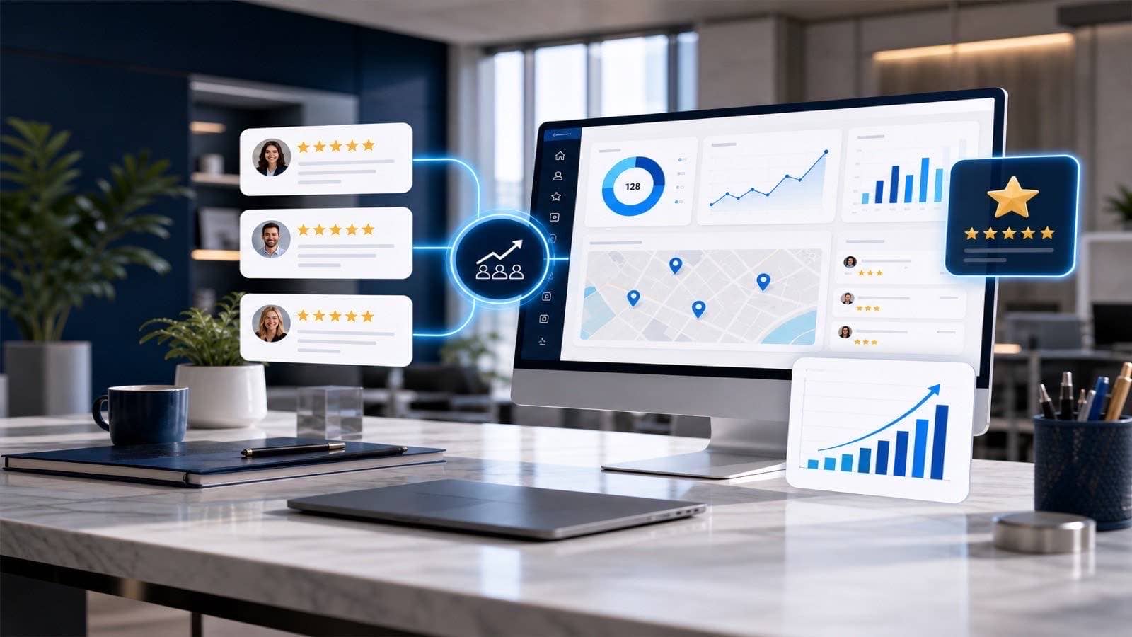 Reputation management dashboard with review cards, local search pins, and rising performance charts